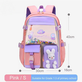 Pink and purple kids school backpack with bunny design, suitable for Grade 1-3 students