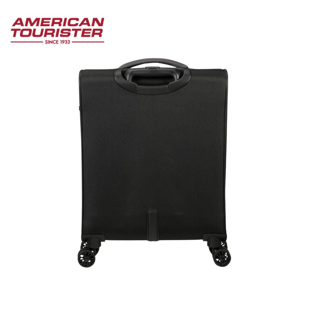 Black American Tourister carry-on suitcase with 4 wheels and top handle for travel