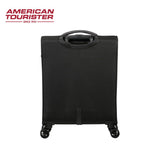 Black American Tourister carry-on suitcase with 4 wheels and top handle for travel