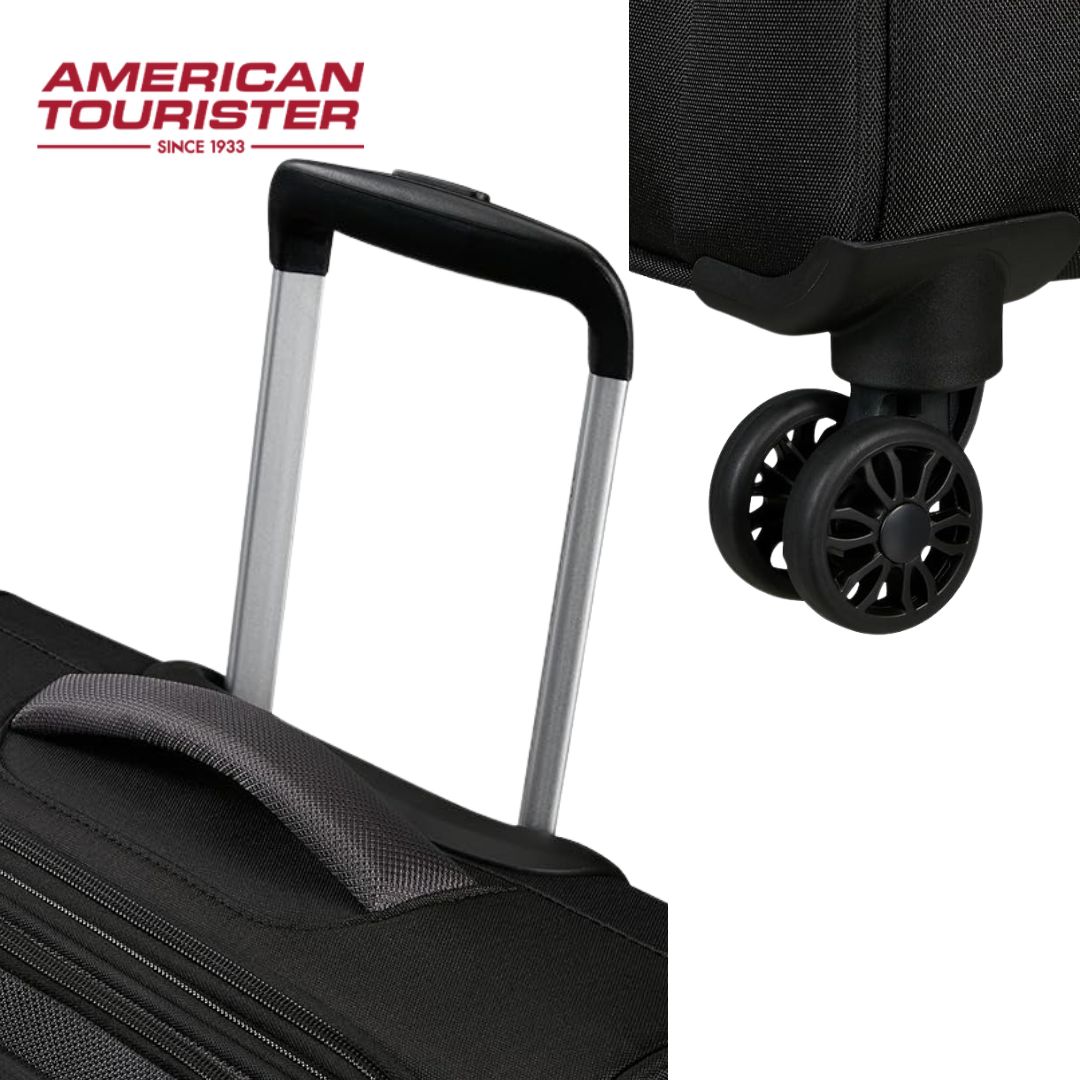 American Tourister black travel luggage with telescopic handle and dual spinner wheels