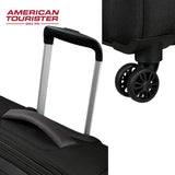 American Tourister black travel luggage with telescopic handle and dual spinner wheels