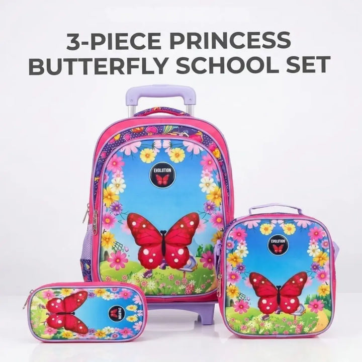 Girls Kids 3-Piece Butterfly Trolley School Bag Set