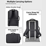 A product feature infographic for a black backpack, showing three panels: the back view with 'Hidden Shoulder Straps,' the front view with 'Wide Handle for Comfort,' and the back view with a carry strap for a suitcase labeled 'Carry Strap for Suitcases.'.