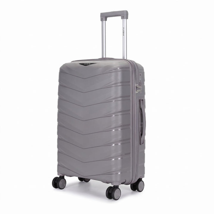 Grey hardshell travel suitcase with 4 spinner wheels and telescopic handle, ideal for luggage and travel