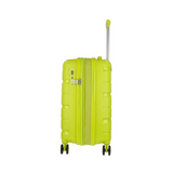Bright lime green hardshell travel suitcase with spinner wheels and telescopic handle