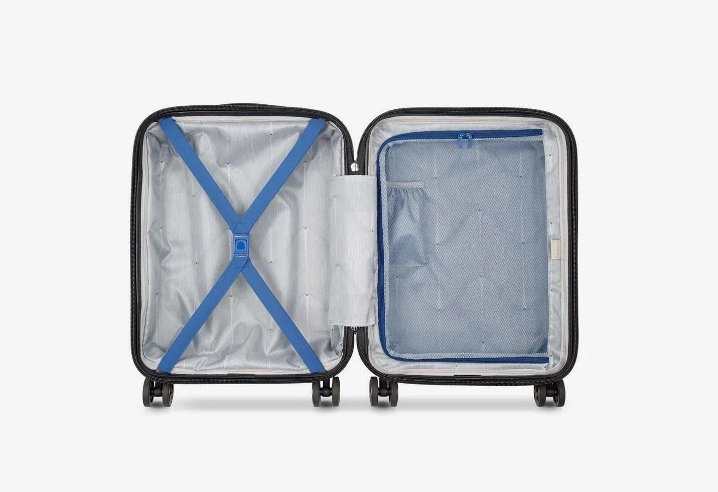 Open black carry-on suitcase with blue straps and mesh pocket, ideal for travel luggage