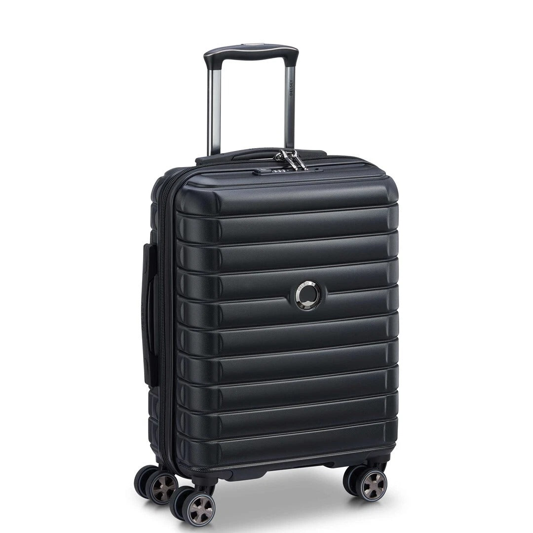 Black hardshell carry-on suitcase with 4 spinner wheels and telescopic handle for travel