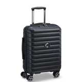 Black hardshell carry-on suitcase with 4 spinner wheels and telescopic handle for travel
