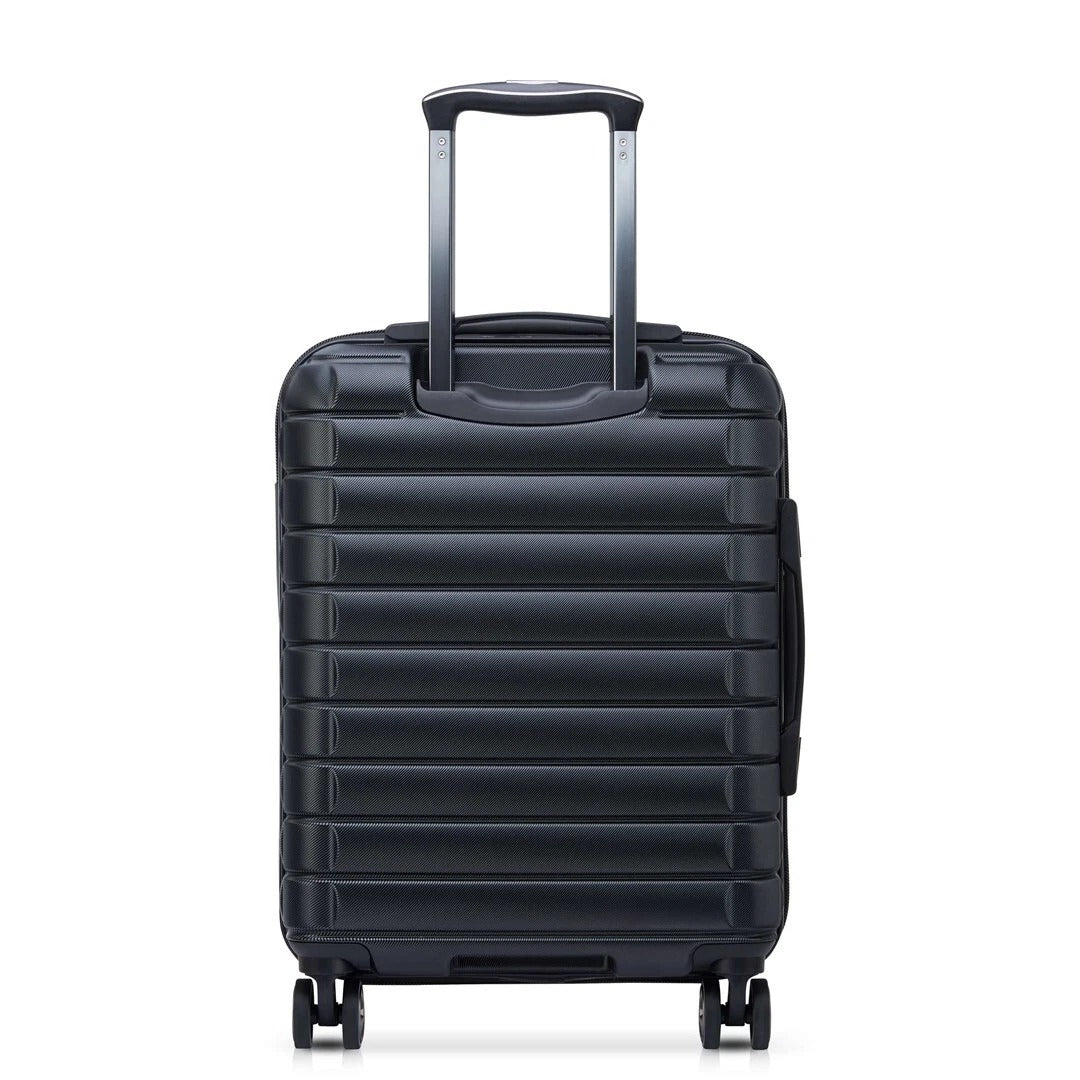 Black hardshell carry-on suitcase with telescopic handle and spinner wheels for travel