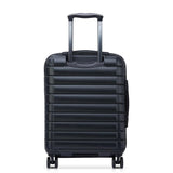 Black hardshell carry-on suitcase with telescopic handle and spinner wheels for travel