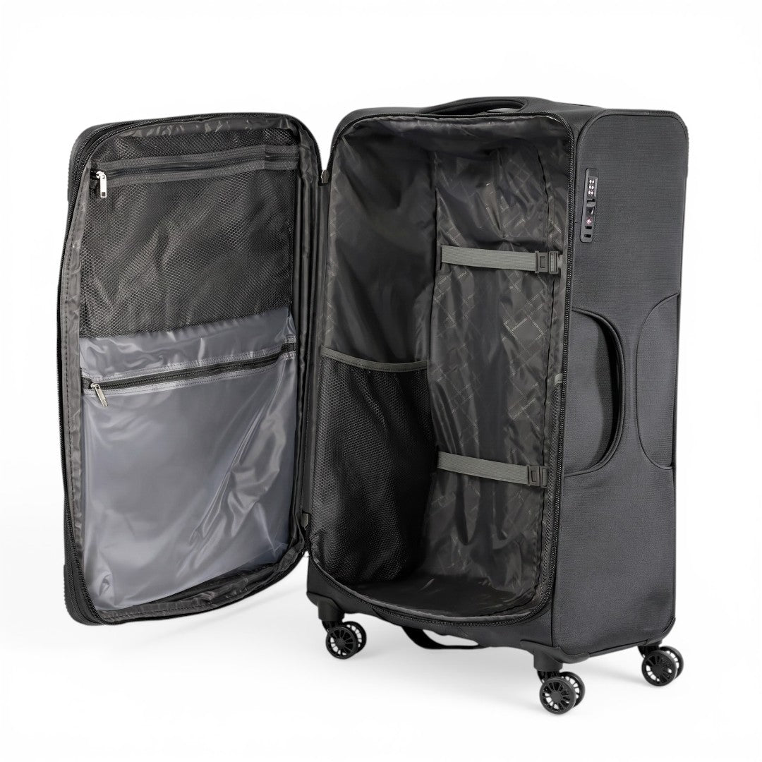 Black rolling travel suitcase with open interior, mesh pockets, and compression straps for organized packing
