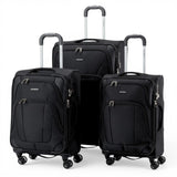 Black softside spinner luggage set with extendable handles and multiple zippers for travel