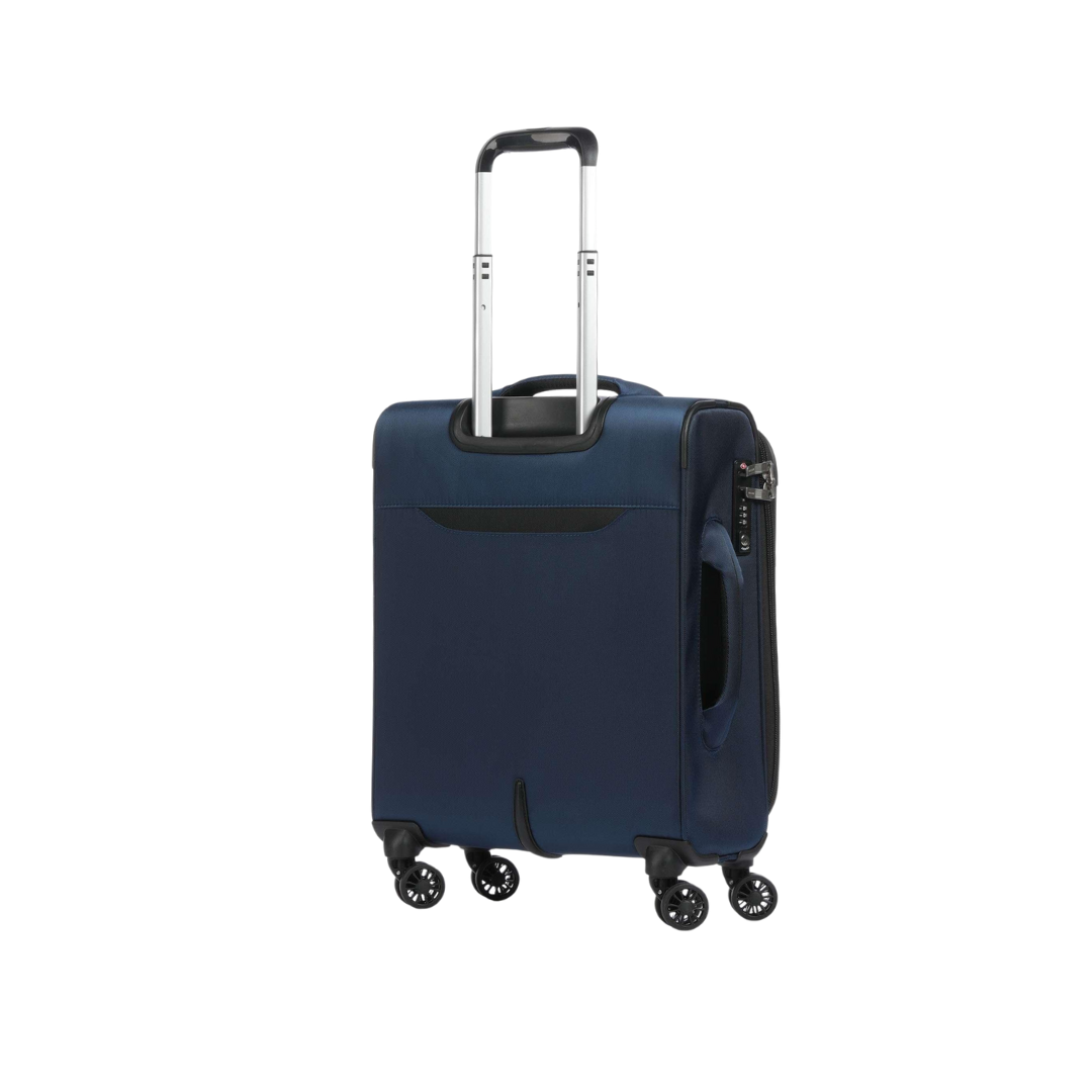 Navy blue travel suitcase with 4 spinner wheels and telescopic handle, ideal for students and travelers