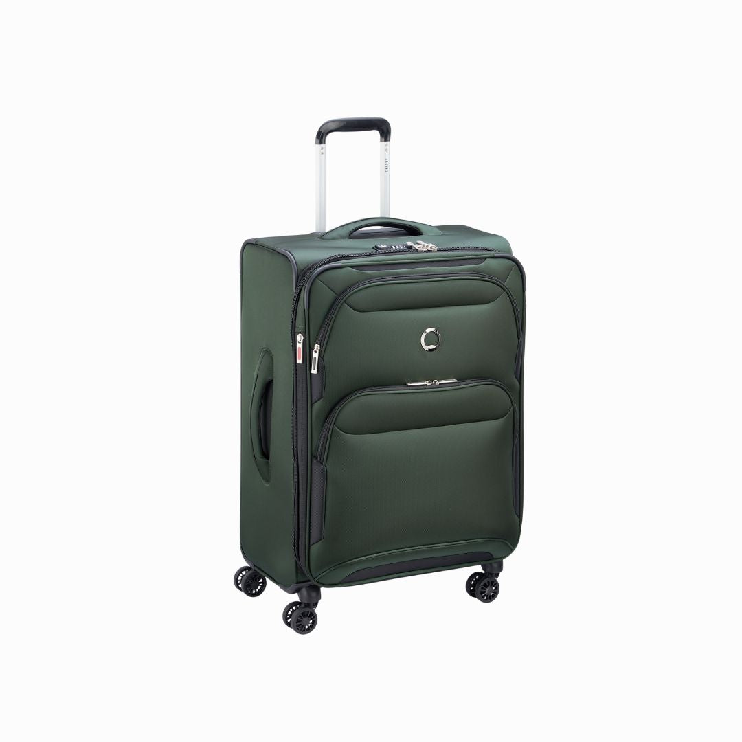 Green softside travel suitcase with 4 spinner wheels and telescopic handle for easy mobility