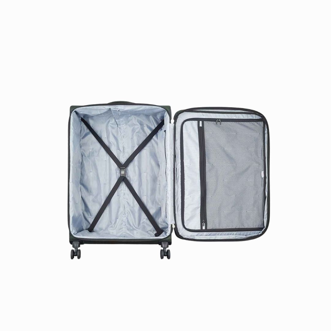 Open hardshell suitcase with X-straps and mesh pocket, ideal for travel luggage and student use