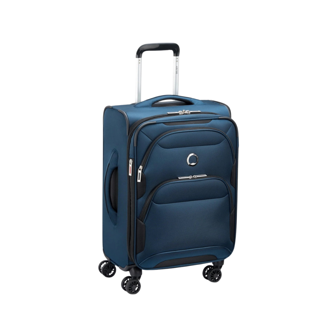 Blue rolling carry-on luggage with 4 spinner wheels and front pocket for travel