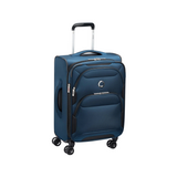 Blue rolling carry-on luggage with 4 spinner wheels and front pocket for travel