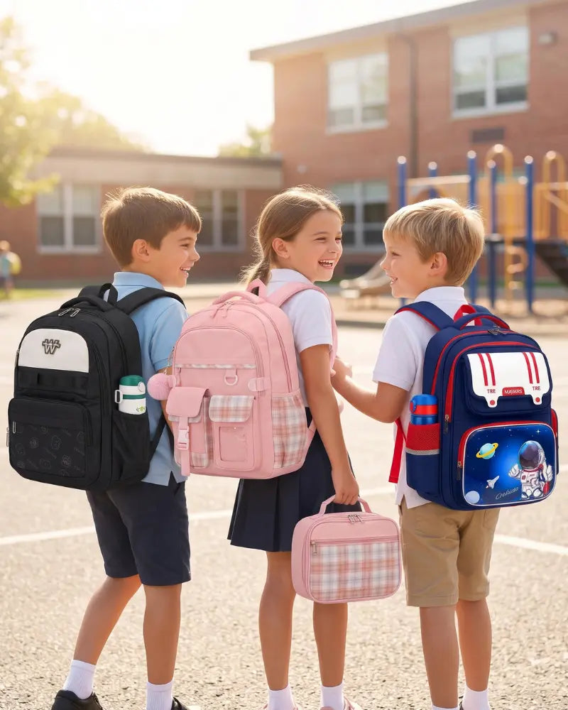 Three children wearing black, pink and blue school backpacks in a schoolyard