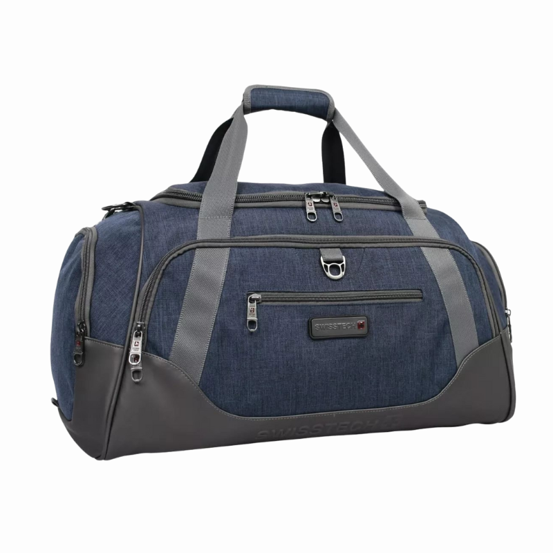 Blue and gray SwissTech duffel bag with multiple zippers and handles, ideal for travel or gym use.