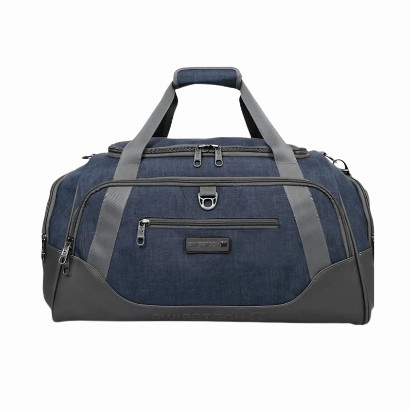 Blue denim duffel bag with gray accents, multiple zippers, and SwissTech branding for travel or gym use