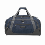 Blue denim duffel bag with gray accents, multiple zippers, and SwissTech branding for travel or gym use