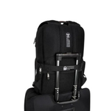 Black travel backpack with luggage handle strap, ideal for students and laptop carry