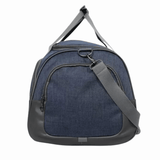 Blue denim duffel bag with black accents, ideal for travel or gym use