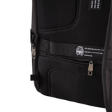 Black ergonomic travel backpack with mesh back panel and zippered pockets, ideal for students and laptop carry