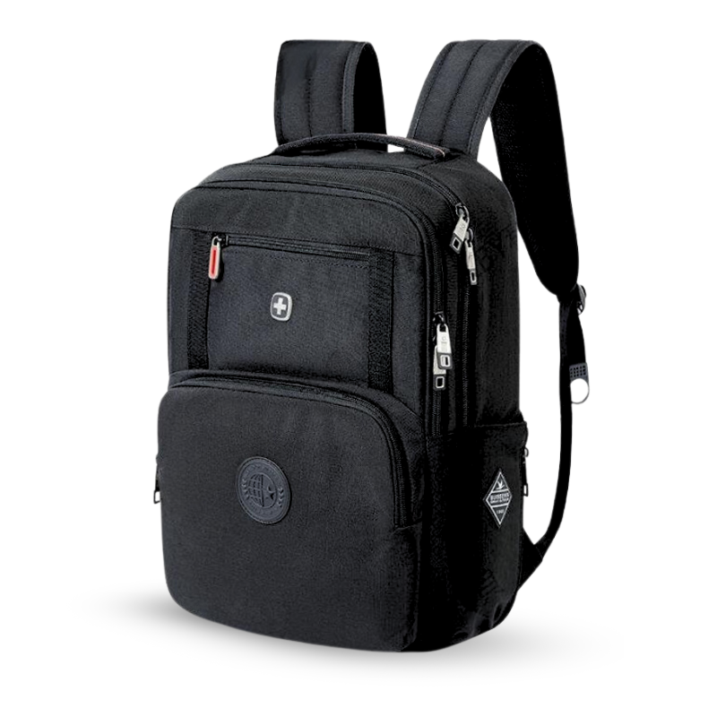 Black travel backpack with multiple zippers and front pockets, ideal for students and laptop storage