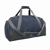 Blue denim duffel bag with gray straps, ideal for travel, gym, or weekend trips