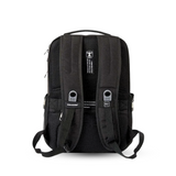 Black ergonomic backpack with padded straps and mesh back panel for student or travel use