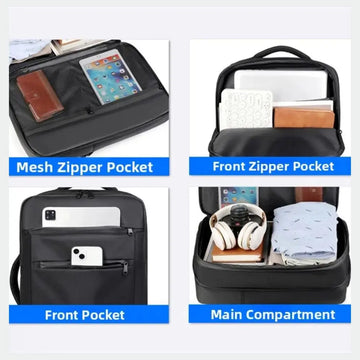 A four-panel product feature collage showing a black backpack or laptop bag opened to demonstrate its compartments: a mesh zipper pocket with a tablet and wallet, a front zipper pocket, a front pocket with phones, and a main compartment with headphones and folded clothing. Blue labels identify each section.