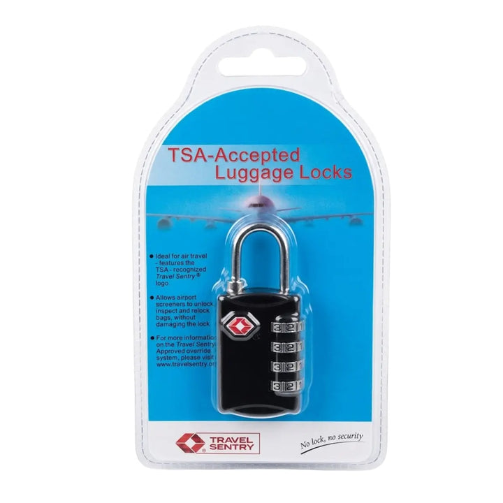TSA Accepted Luggage Lock in packaging with Travel Sentry logo on a white background
