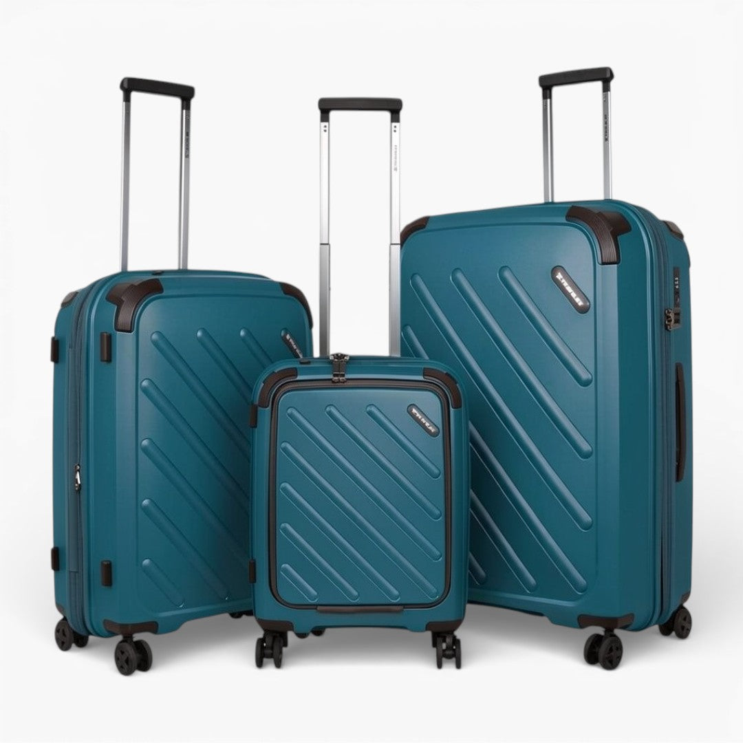 Teal hard-shell travel luggage set with spinner wheels and extendable handles, ideal for trips