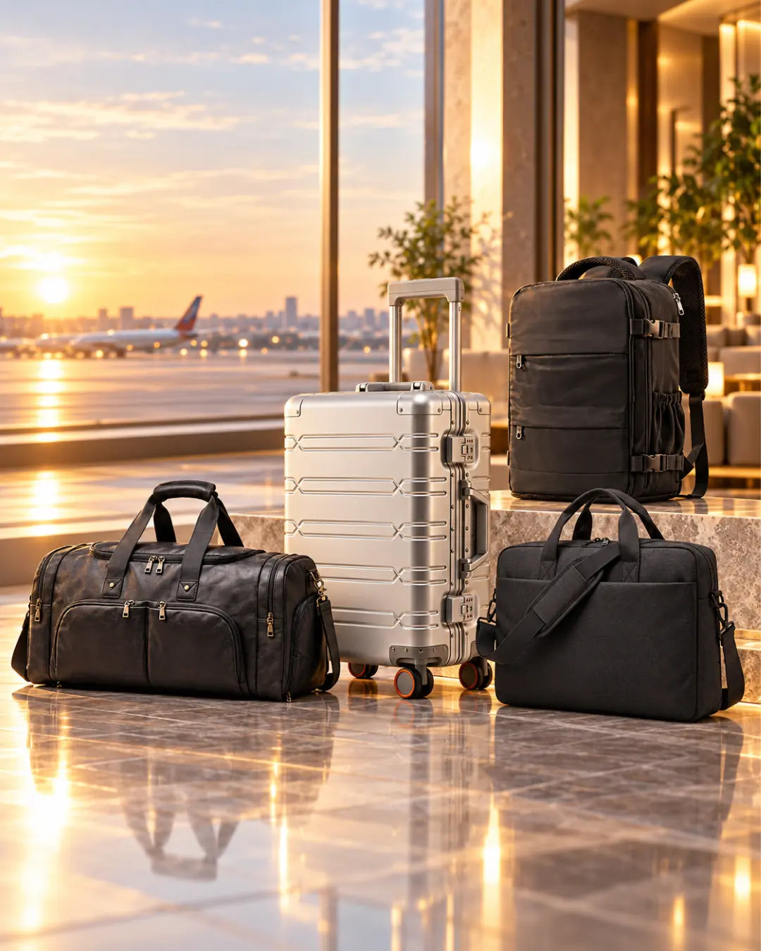 Silver hard-shell suitcase with a black duffel bag, backpack and laptop bag in an airport lounge