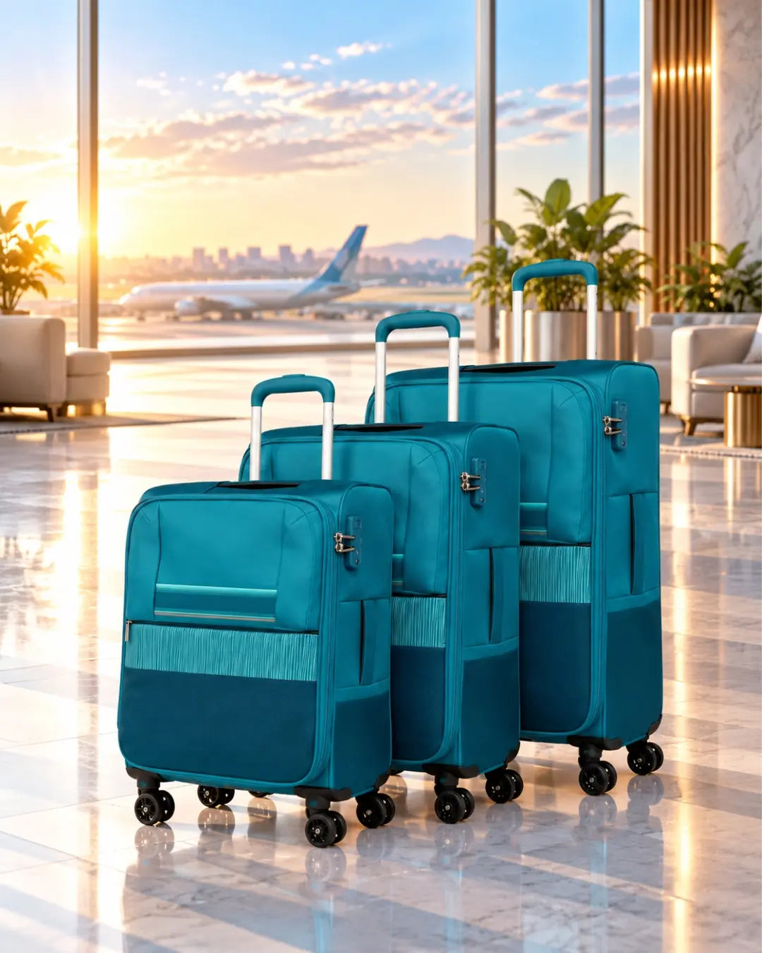Three teal softside spinner suitcases in different sizes in an airport lounge