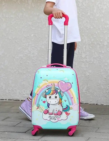 Kids unicorn suitcase with rainbow design, pink handle & wheels, perfect for travel or school