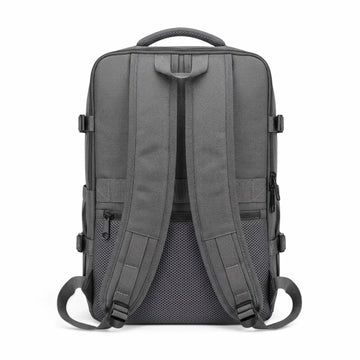 The back view of a dark gray laptop backpack, showing padded shoulder straps, a top carry handle, side compression buckles, and a breathable mesh back panel, set against a plain white background.