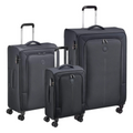 Three-piece dark gray softside luggage set with telescoping handles and spinner wheels, shown on a plain white background.
