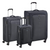 Three-piece dark gray softside luggage set with telescoping handles and spinner wheels, shown on a plain white background.