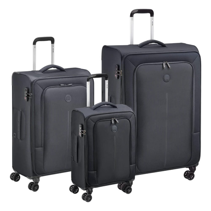 Three-piece dark gray softside luggage set with telescoping handles and spinner wheels, shown on a plain white background.