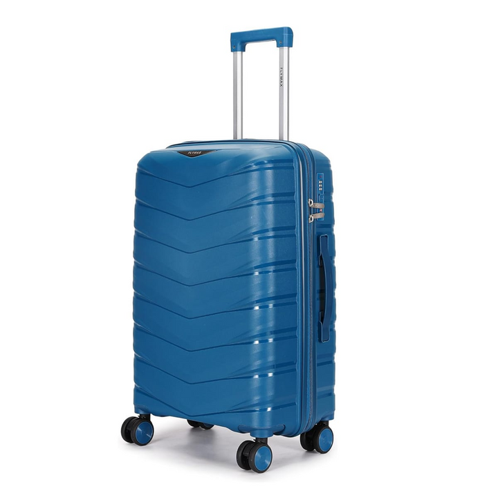 Blue hardshell travel suitcase with 4 spinner wheels and telescopic handle, ideal for luggage and travel