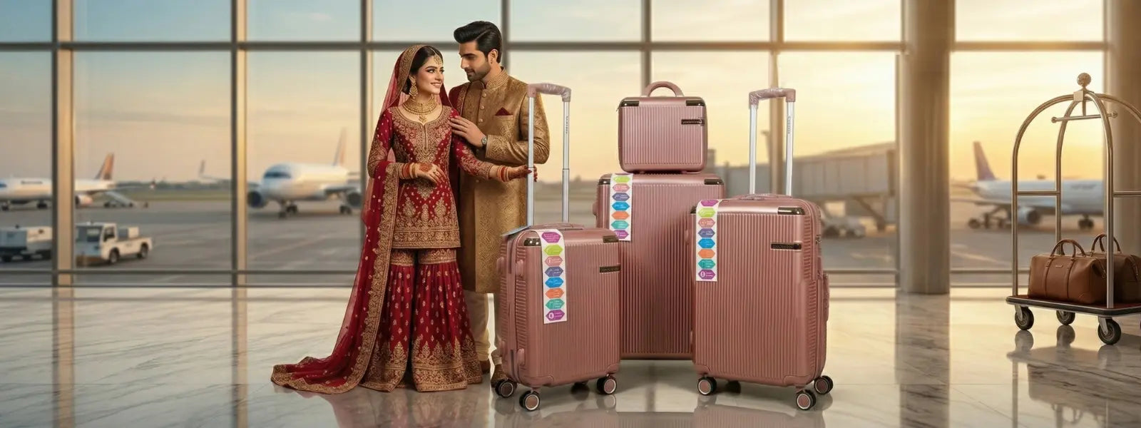 Couple with luggage at an airport, emphasizing travel and travel accessories.