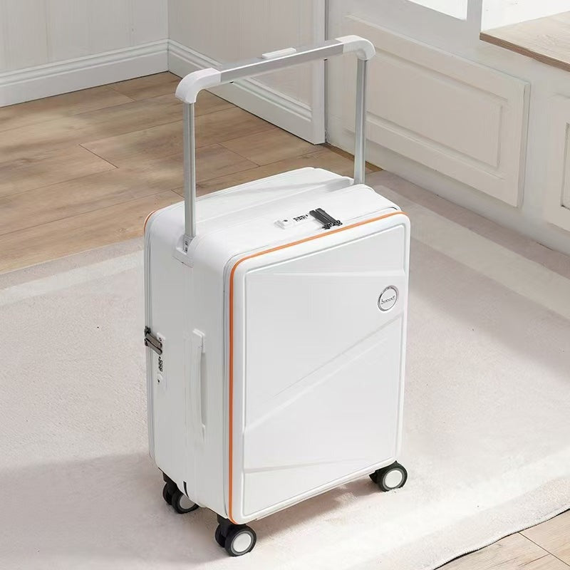White hardshell travel suitcase with orange trim, retractable handle, and spinner wheels on carpet